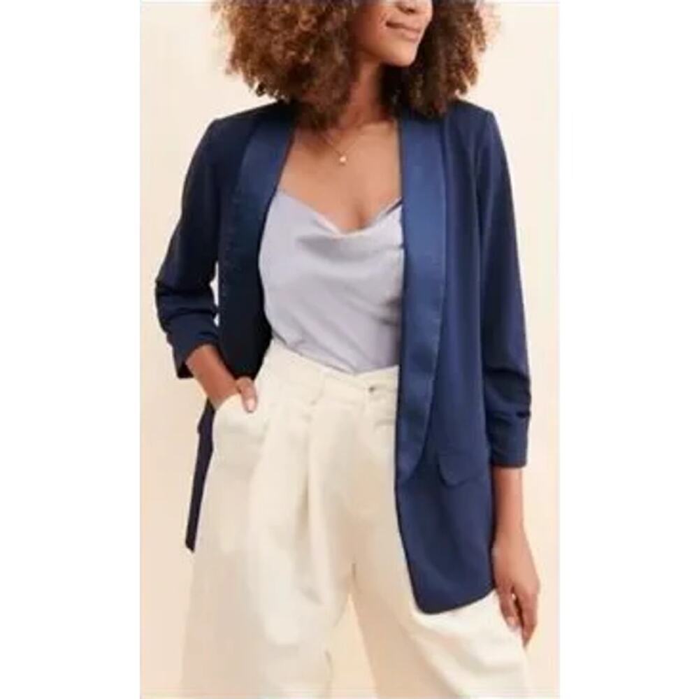 Anthropologie Hutch Satin Collar Open Front Blazer Navy Blue Size M